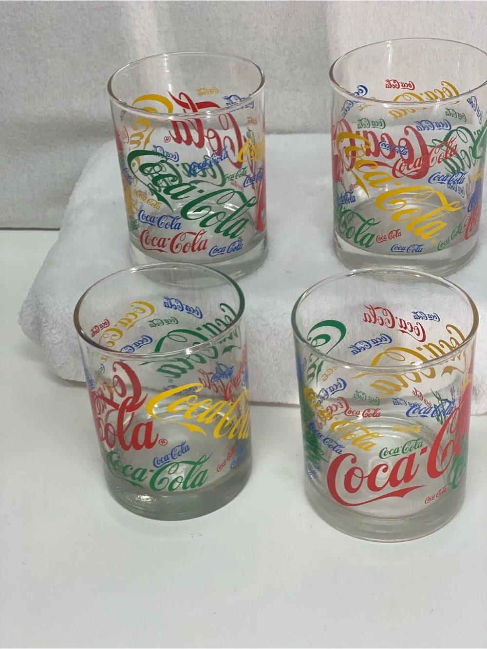 Coca Cola Set of 4 Multicolor Logo Glass 12 ounce Retro Repeated Logo Colorful